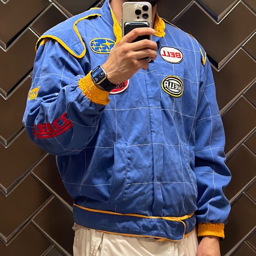 Nike Size Medium (M) Vintage Style Racing Bomber Jacket Blue Yellow Patches Quil
